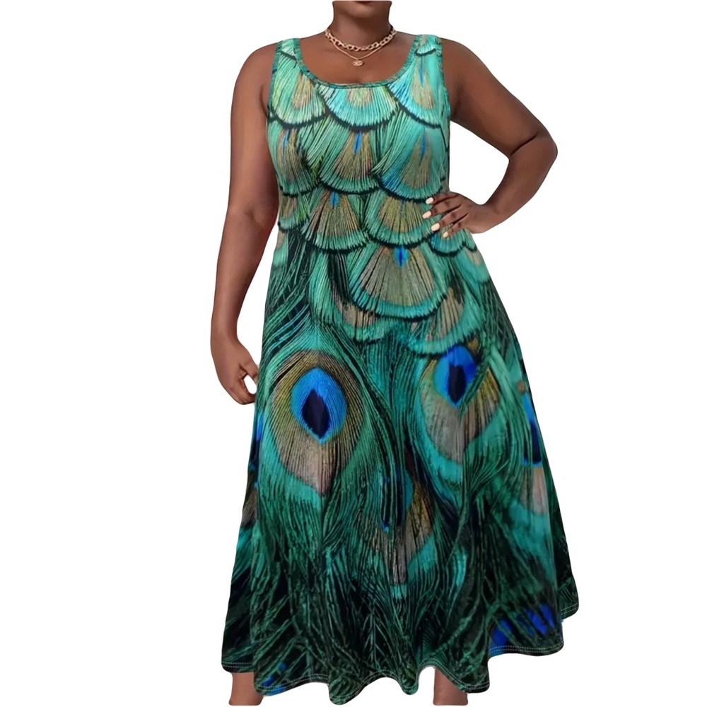 Plus Size Peacock Feather Print Sleeveless Tank Maxi Dress (5XL)